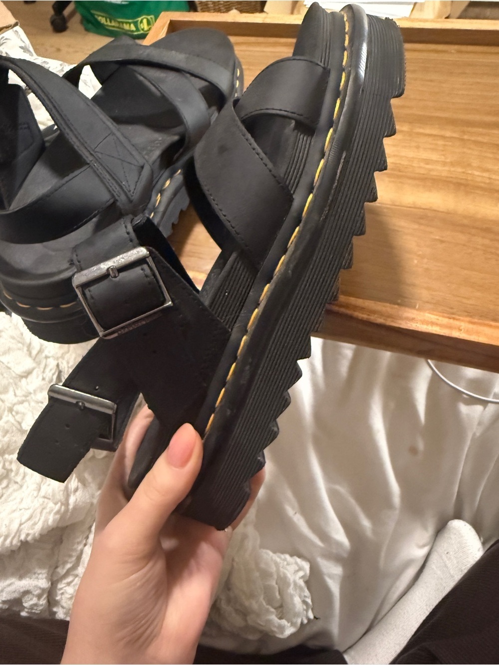 Dr. Martens Voss II Black Platform Sandals with Yellow Stitching - Air Wair - Picture 7 of 11